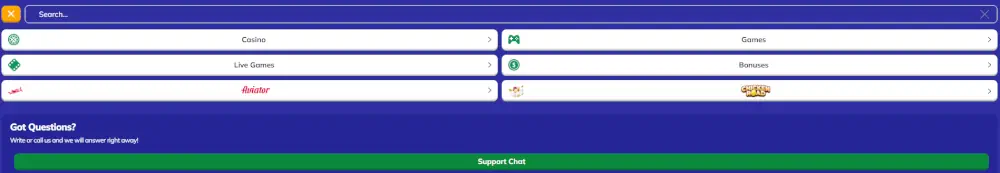ValorBet game selection categories and customer support interface